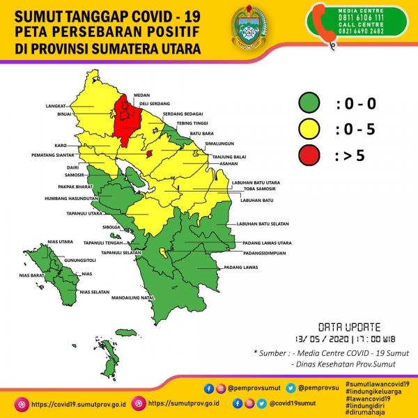 Peta Persebaran Positif di Provinsi Sumatera Utara 13 Mei 2020